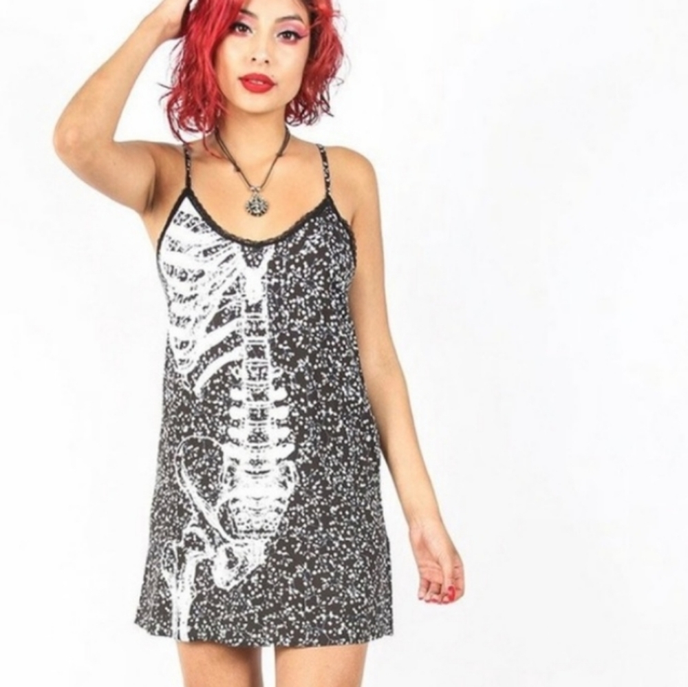 Iron Fist Skeleton Skull Print Floral Black Halloween Gothic Slip Dress